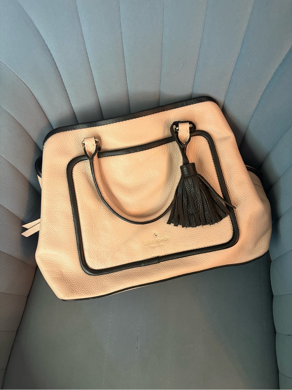 kate spade Cream and Black Pebbled Satchel with Tassel